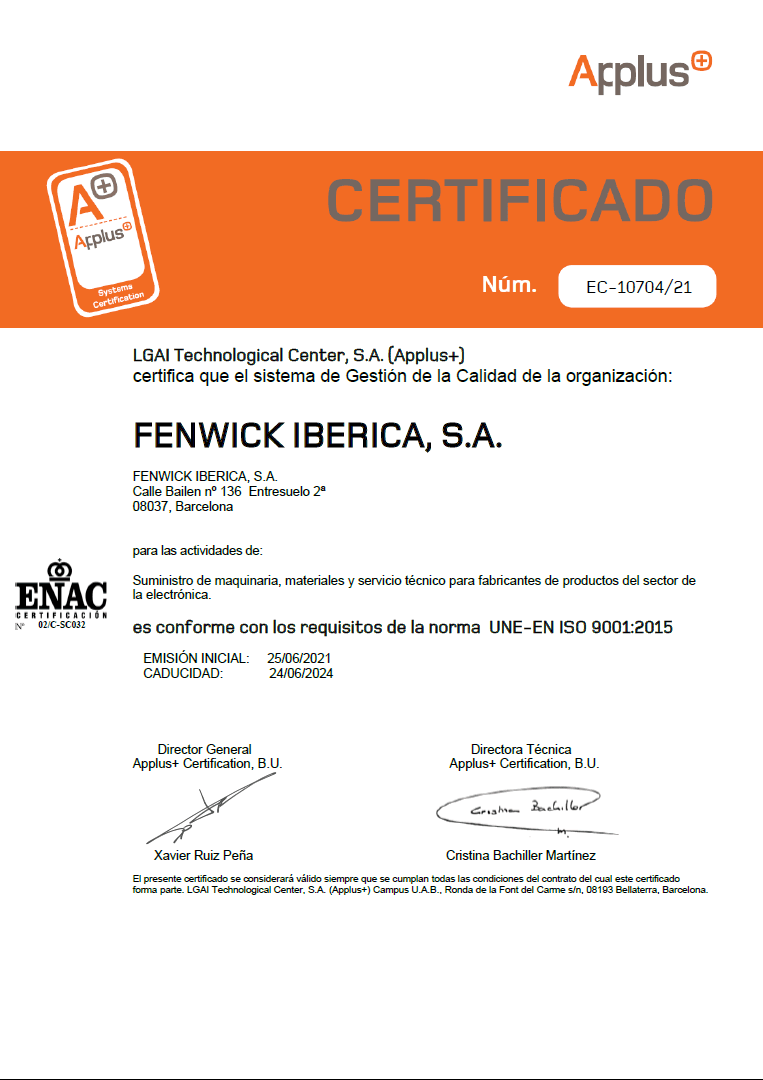  Fenwick Ibérica es una empresa certificada ISO9001:2015 / A Fenwick Iberica é uma empresa certificada ISO9001:2015